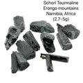 Raw Schorl Tourmaline (Black Tourmaline)  2.7-5g on white grouping in front view