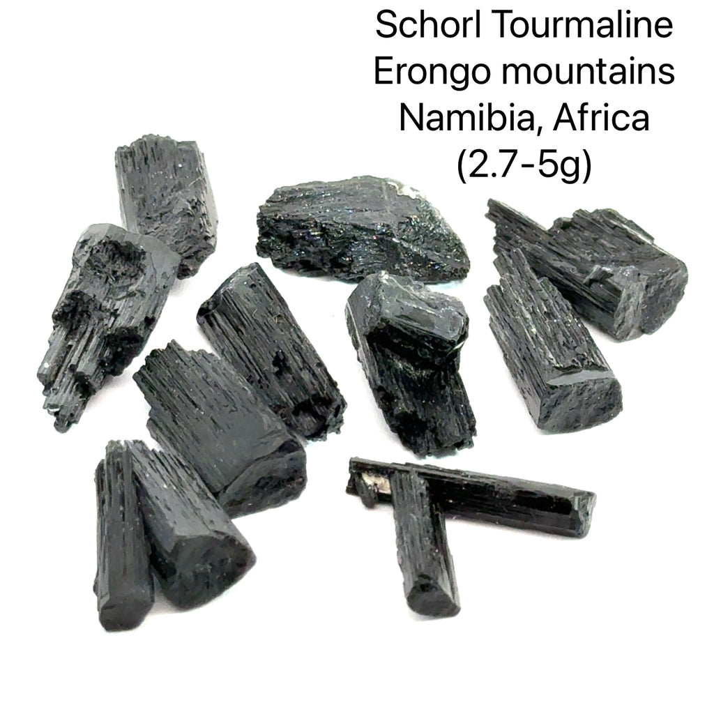 Raw Schorl Tourmaline (Black Tourmaline)  2.7-5g on white grouping in front view