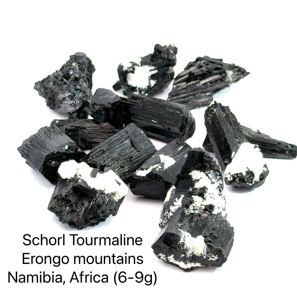 Raw Schorl Tourmaline (Black Tourmaline)  6-9g on white in perky box  front view