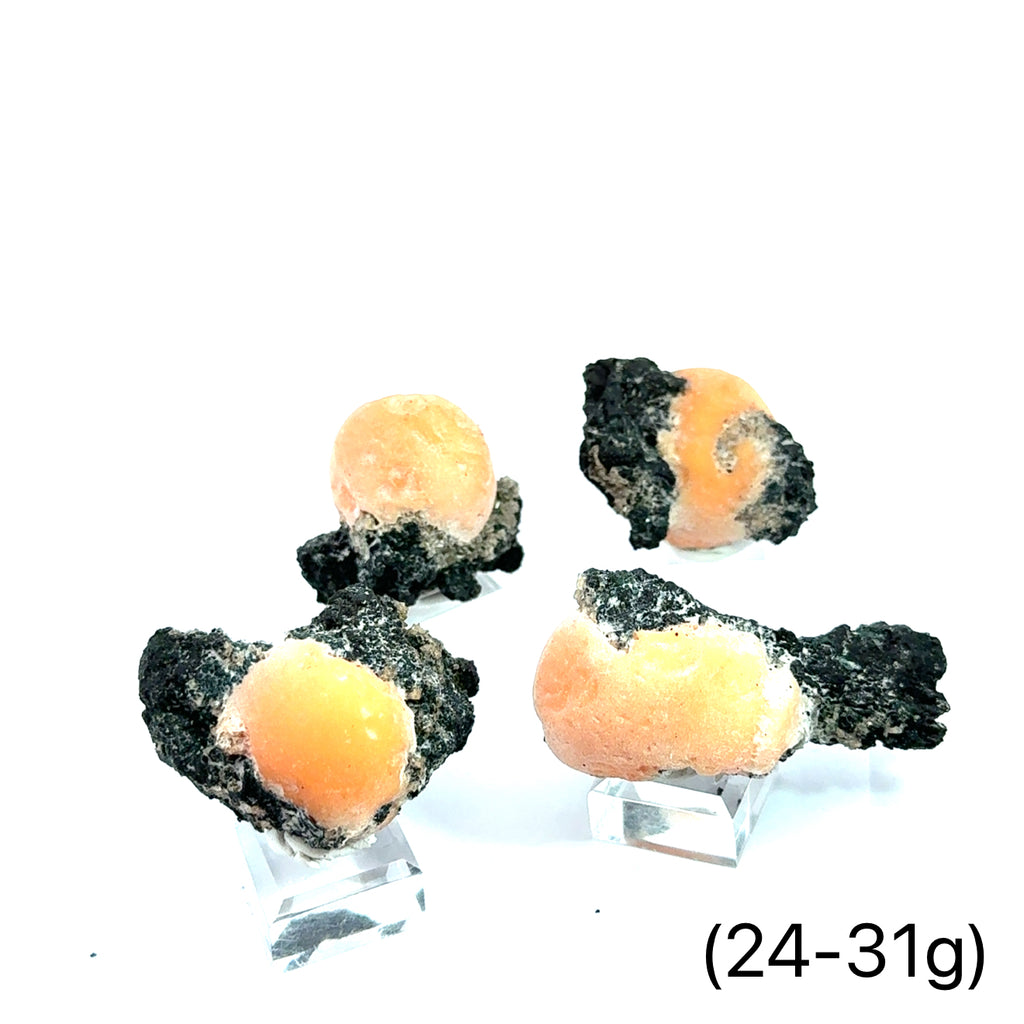 Raw Thomsonite Gemstone 24-31g grouping on white front view