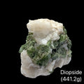 Raw diopside crystal cluster from Sar-e-Sang Afghanistan in deep forest green for heart chakra healing emotional release and earth connection (441.2g) on a black background, front view. 