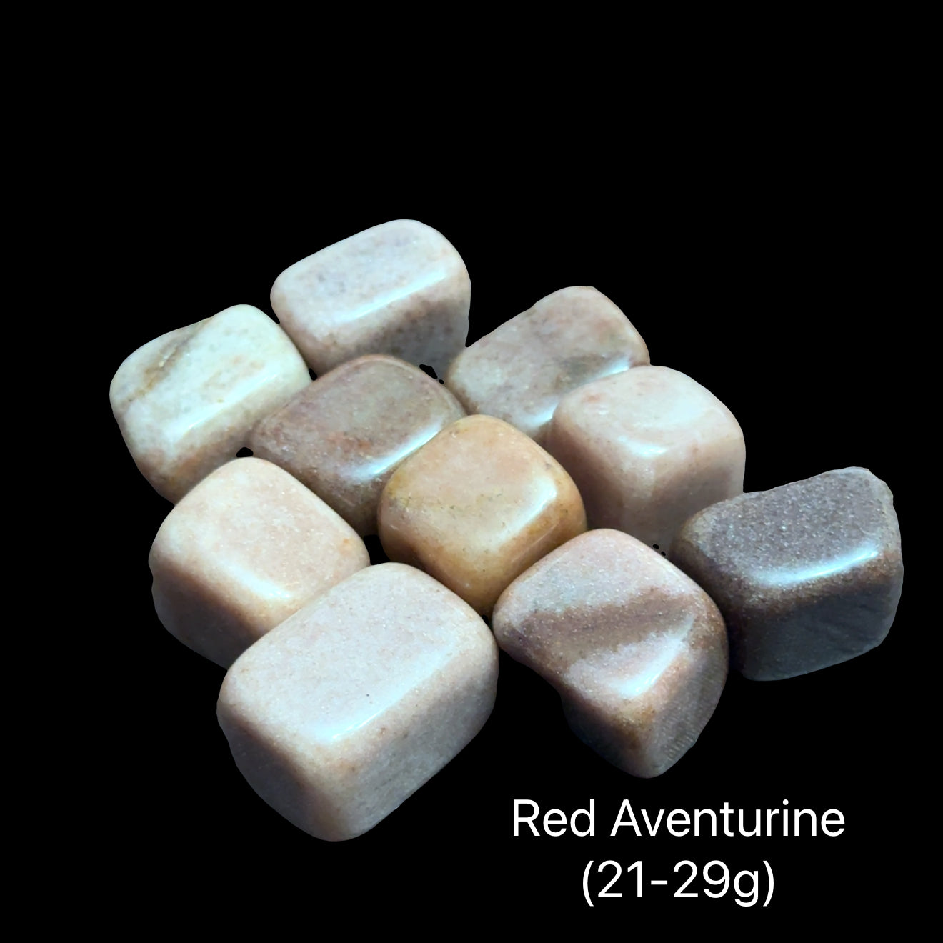 Red aventurine stones on a black background with text indicating weight range (21-29g), front view.