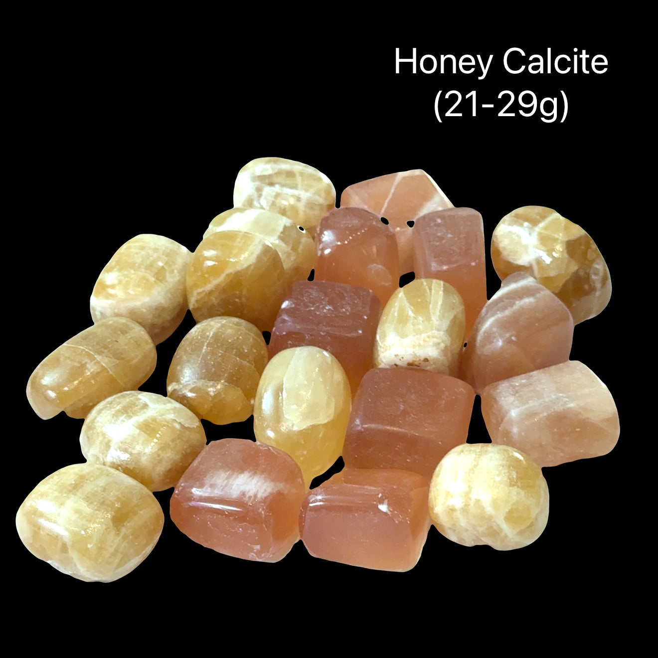 Reiki-charged Honey Calcite crystal for mental clarity and confidence, on a black background, (21-29g) front view.