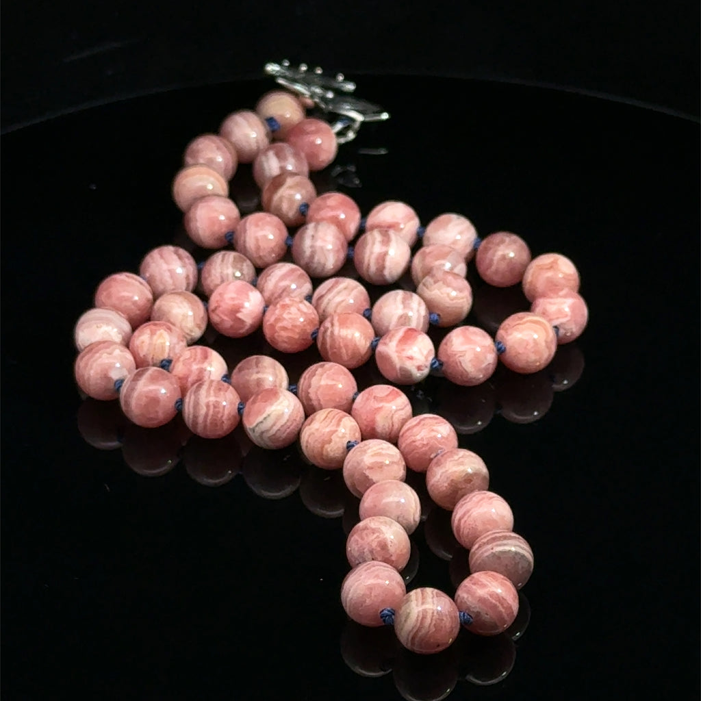 Rhodochrosite Gemstone Necklace on black long front