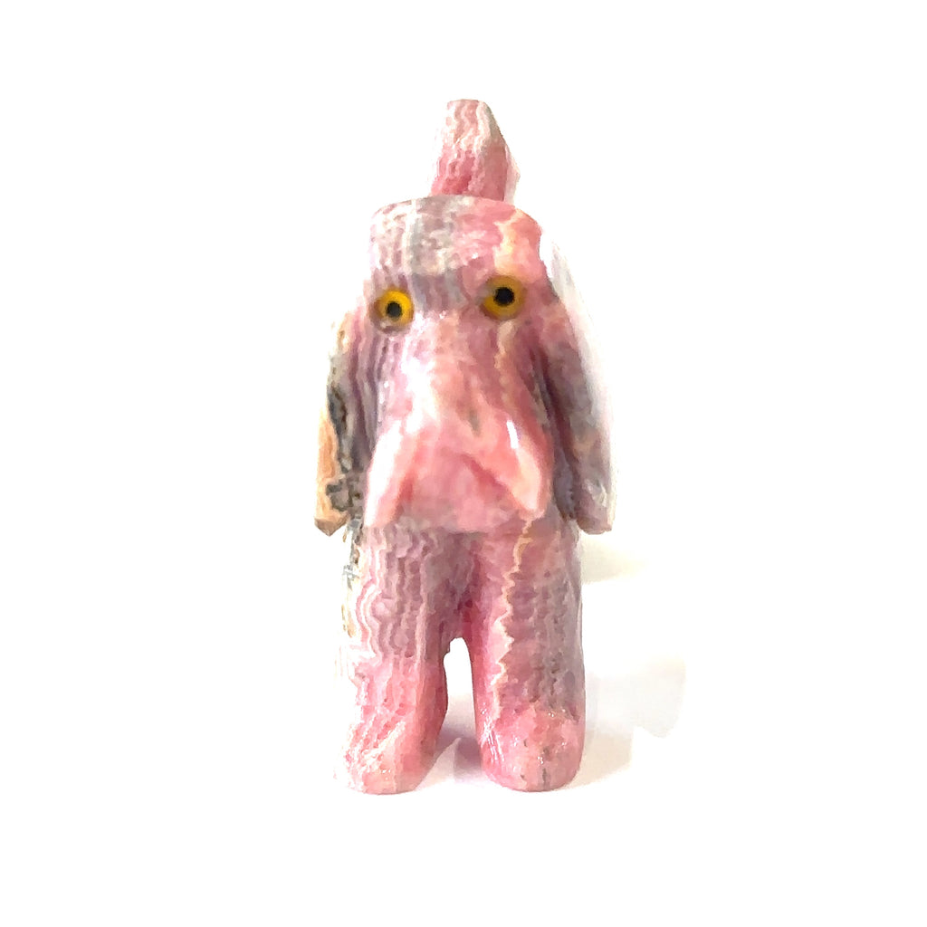 Rhodochrosite crystal carving for compassion, self‑love, and aura repair on white front center view