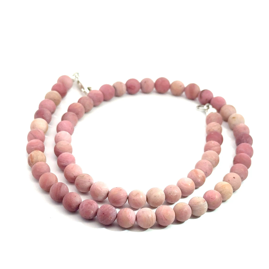 Rhodonite Gemstone Beaded Necklace on white bottom spiral  overview