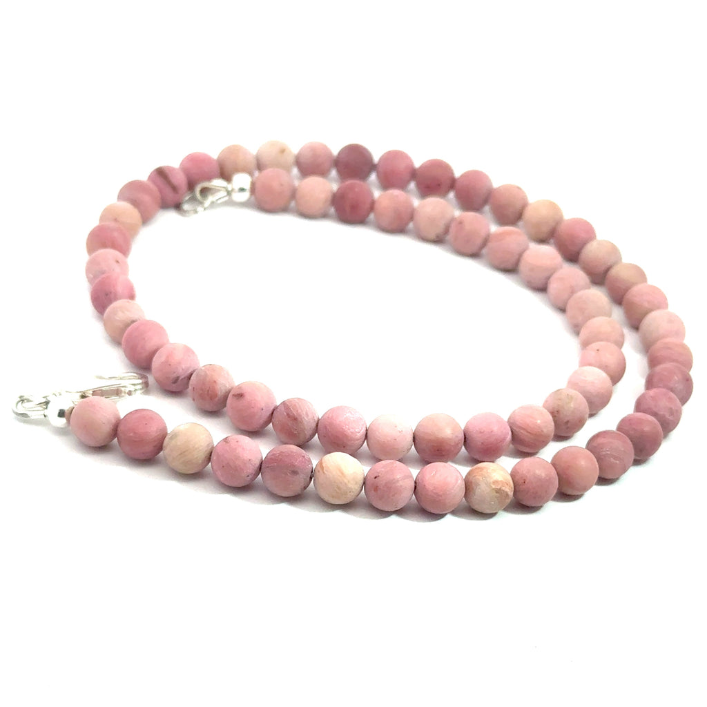 Rhodonite Gemstone Beaded Necklace on white center spiral  overview