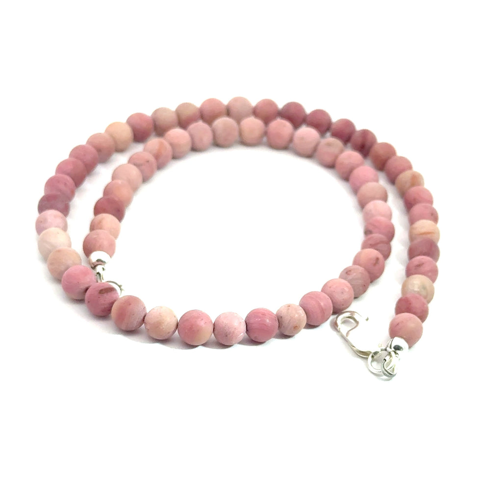 Rhodonite Gemstone Beaded Necklace on white center top spiral  overview
