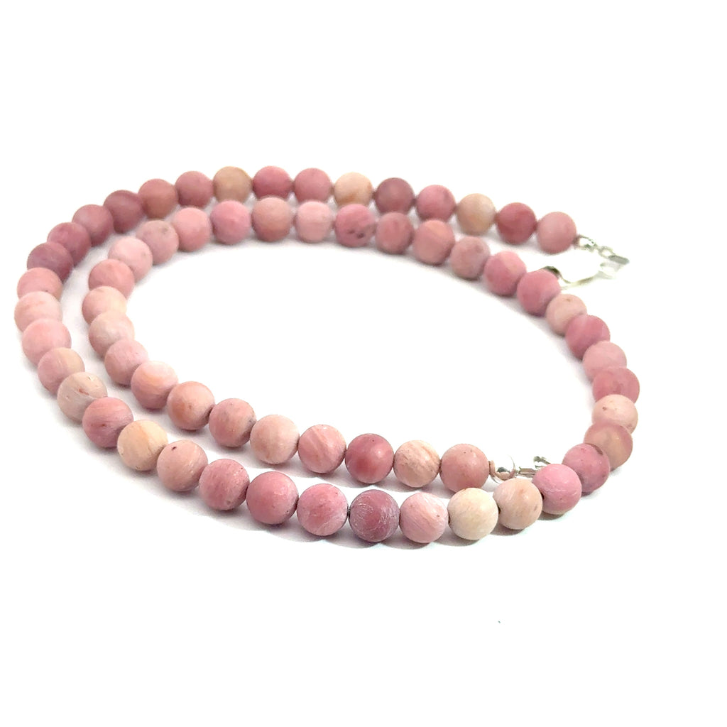 Rhodonite Gemstone Beaded Necklace on white side top spiral  overview