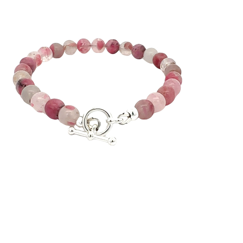 Rhodonite in Quartz Gemstone Bracelet on white back center overview