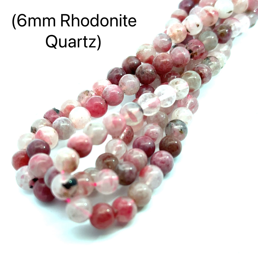 Rhodonite in Quartz Strand 6mm on white long overview