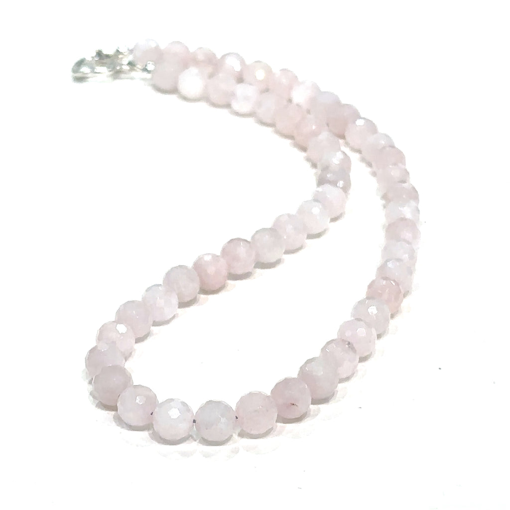 Rose Quartz 8mm faceted gemstone beaded necklace with sterling silver toggle clasp, 16.5 inches long on white long centerer overview