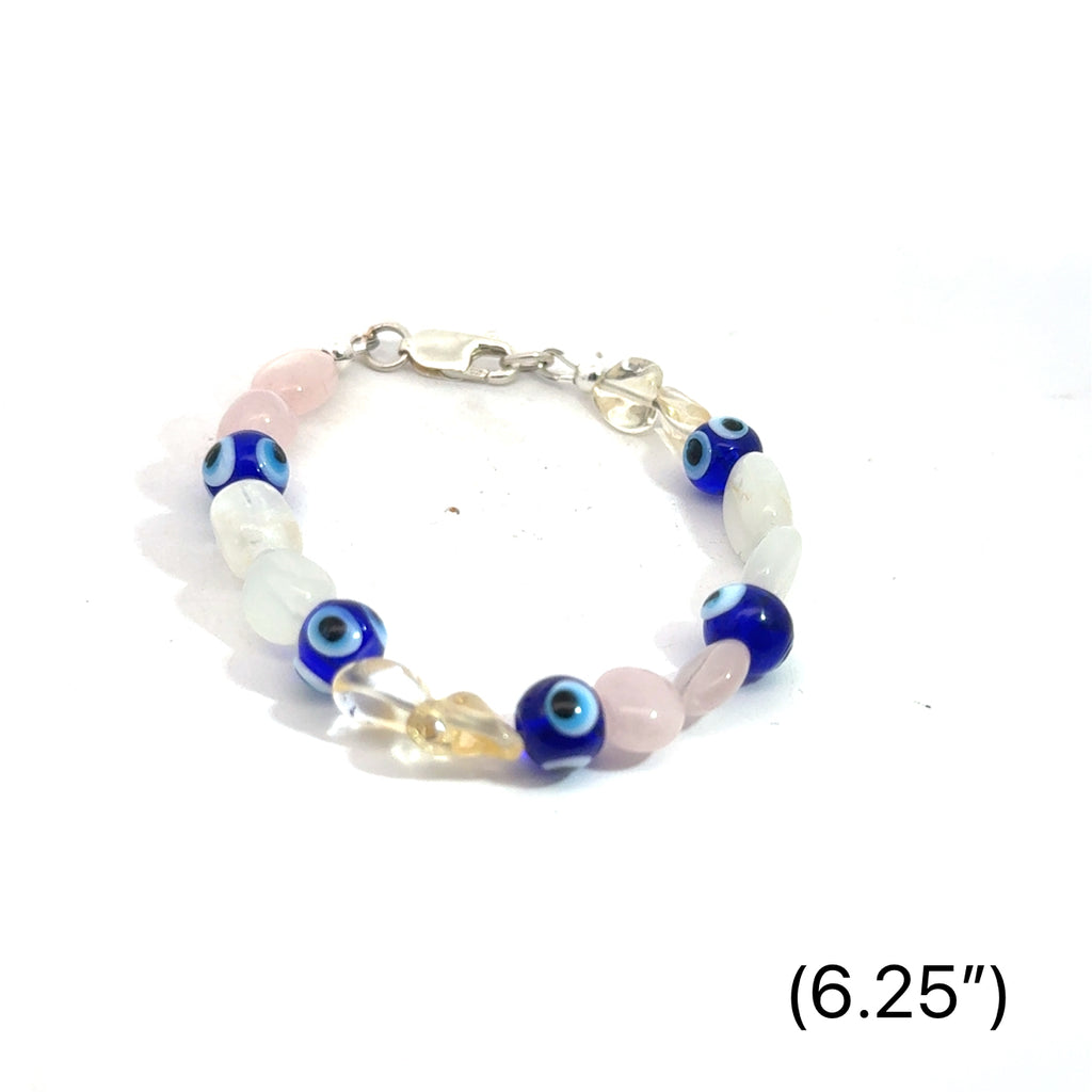 Rose Quartz,  Clear Quartz, Citrine Gemstone, evil eye  Bracelet on white  size 6.25 overview