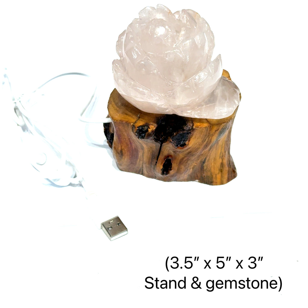 Rose Quartz Rose Carving with Wooden Light Stand 3.5'' x 5'' x3'' on white front view
