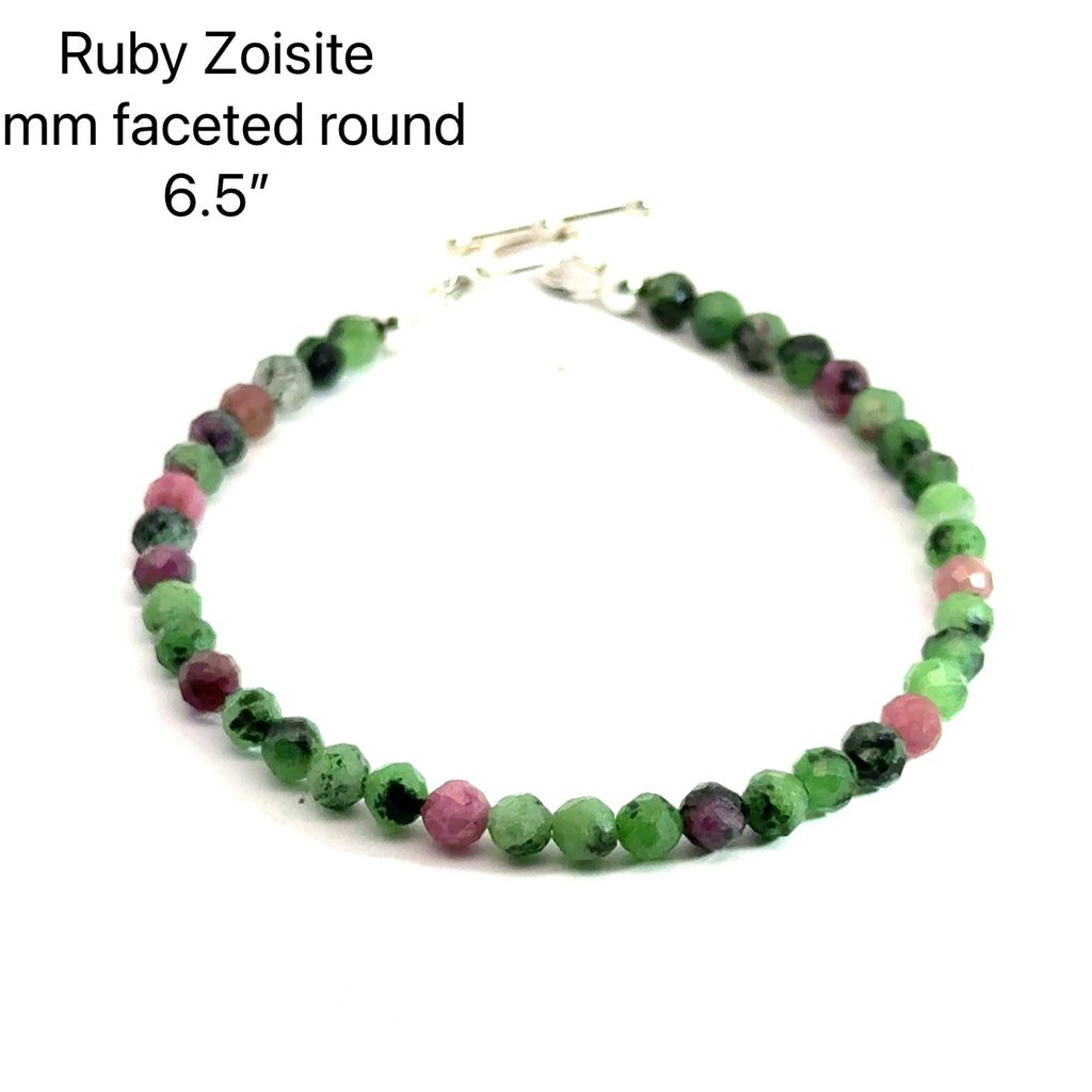 Ruby Zoisite Gemstone Bracelet 4mm faceted round  6.5''  on white front center overview