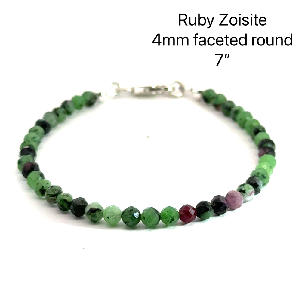 Ruby Zoisite Gemstone Bracelet 4mm faceted round  7''  on white front center overview