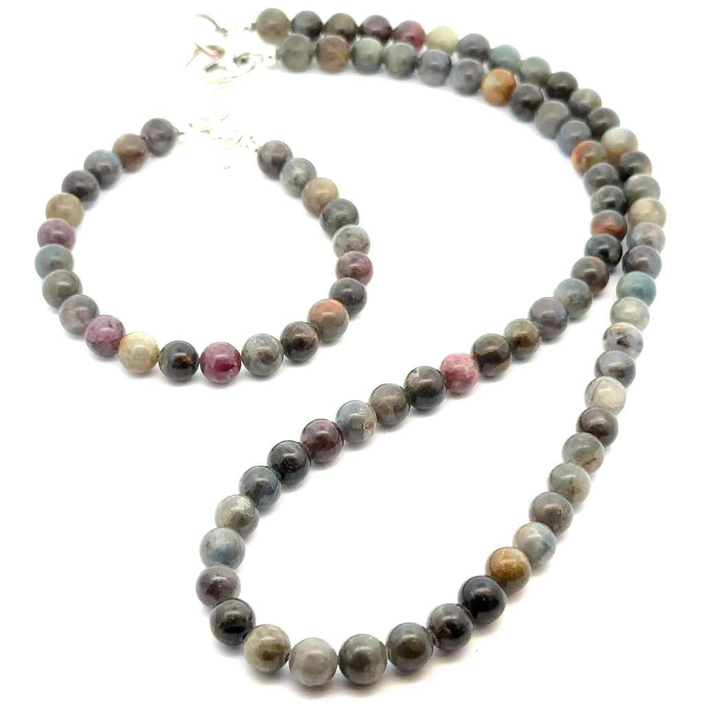 Sapphire Gemstone Beaded Bracelet on white front overview with matching necklace 