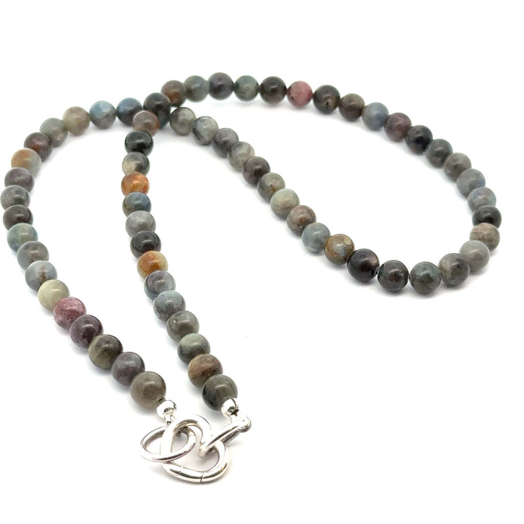 Sapphire Gemstone Beaded Necklace on white long back overview 