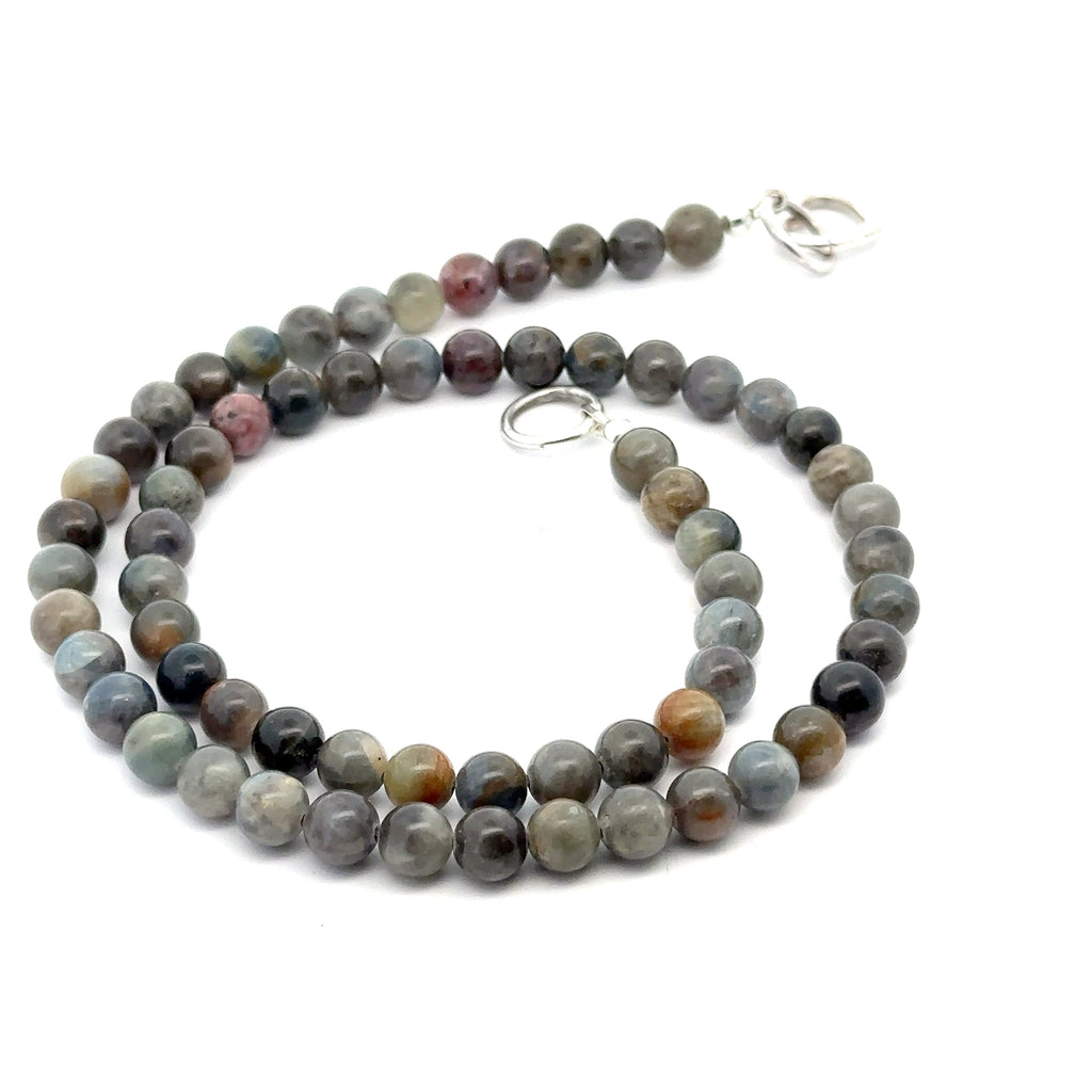 Sapphire Gemstone Beaded Necklace on white  spiral front overview 