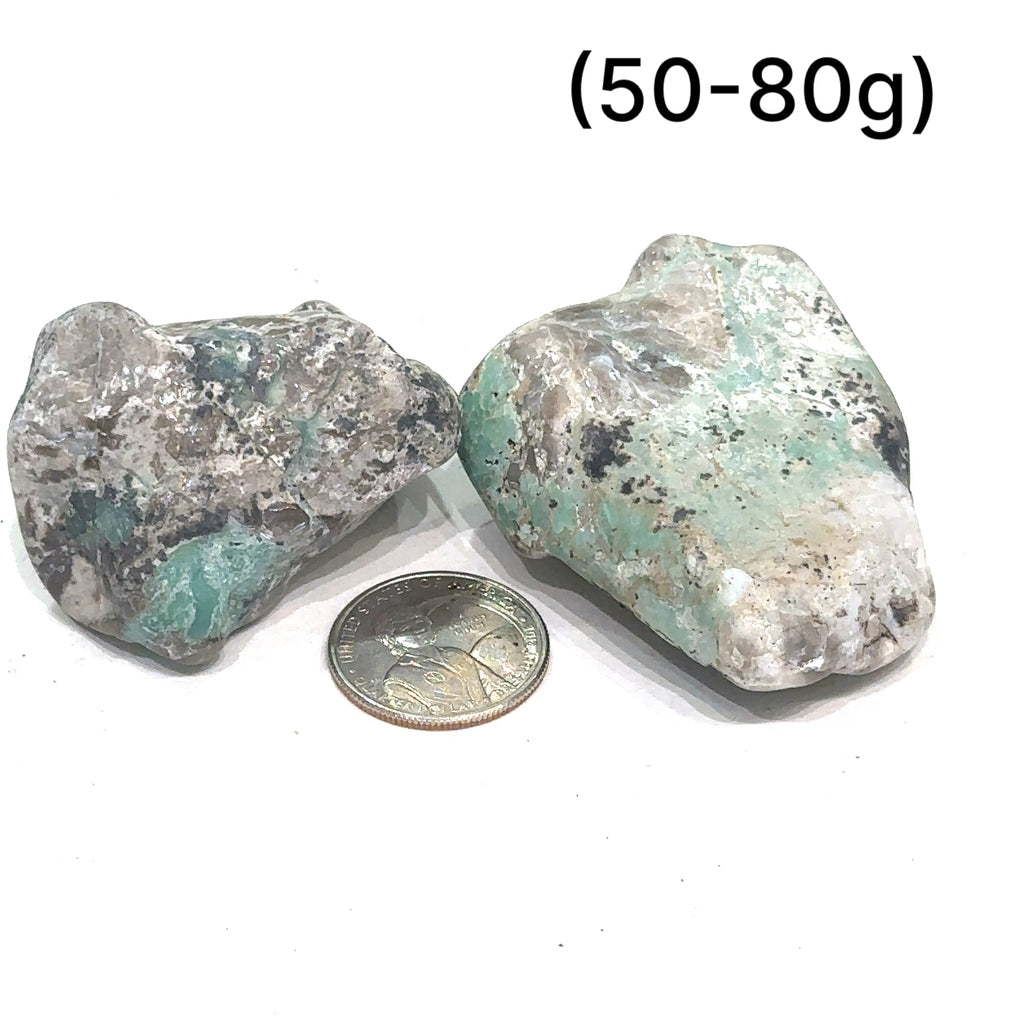 Semi‑tumbled Variscite stone from Utah, Nevada, and Queensland grouping (50-80g) on white front overview