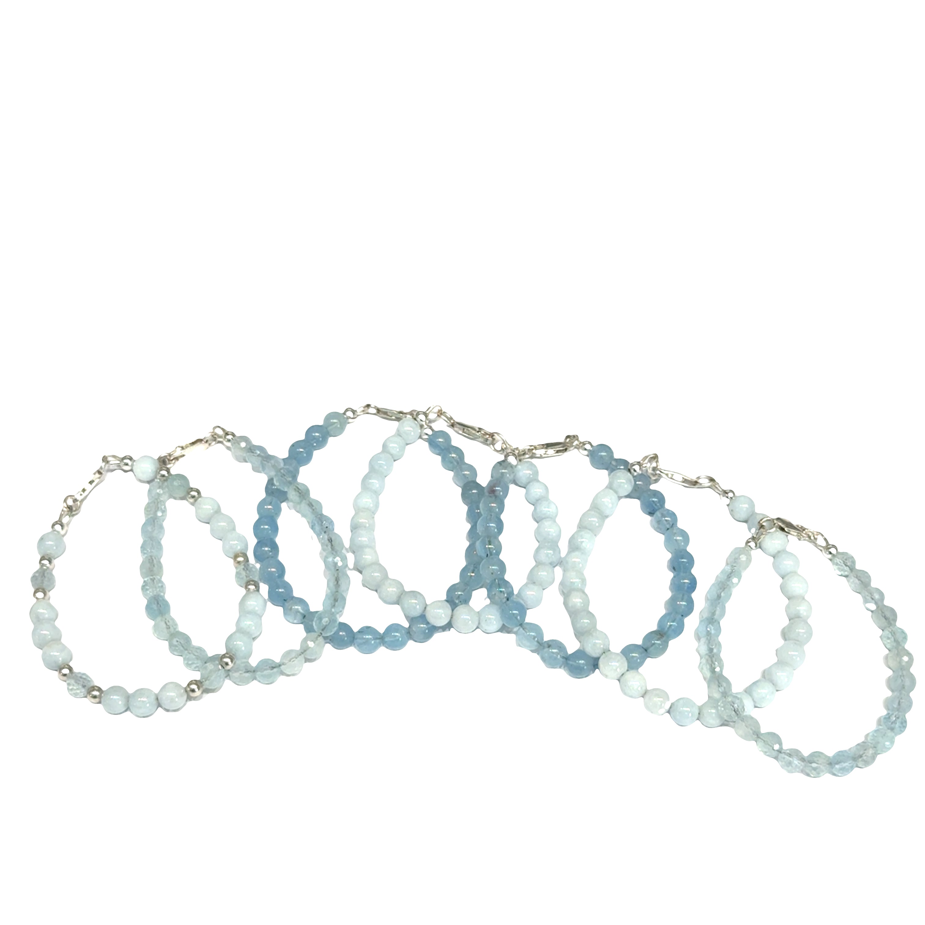 Set of five Aquamarine gemstone beaded bracelets in various shades of blue on a white background front overview. 