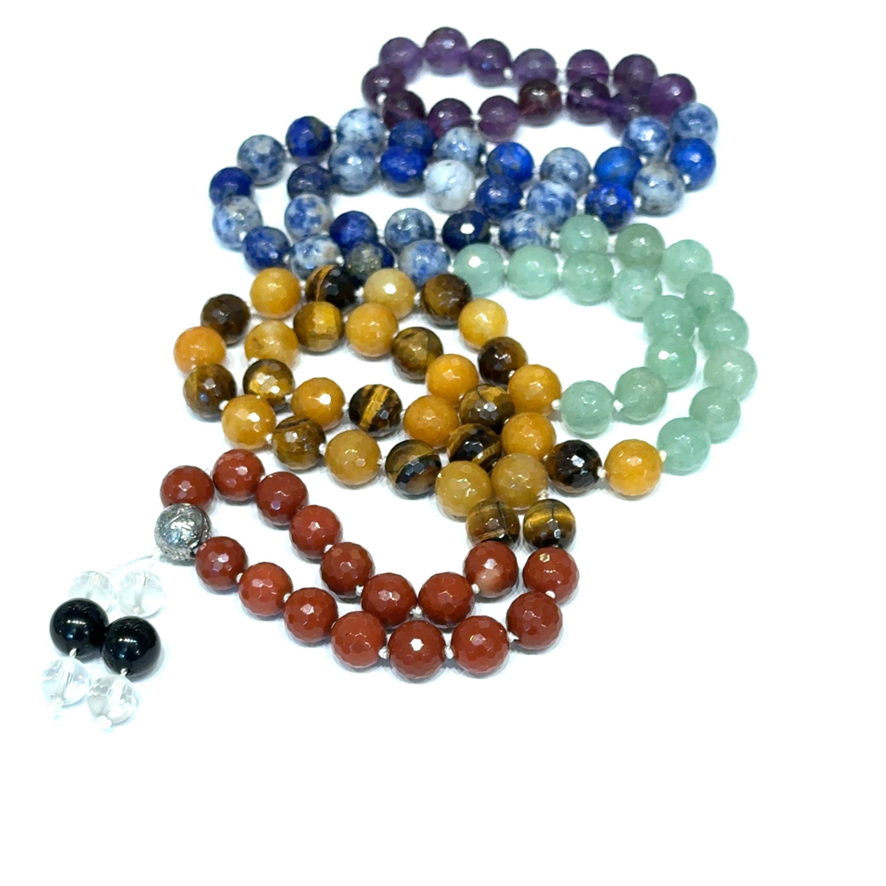 Seven Chakra Mala Necklace on white long front overview