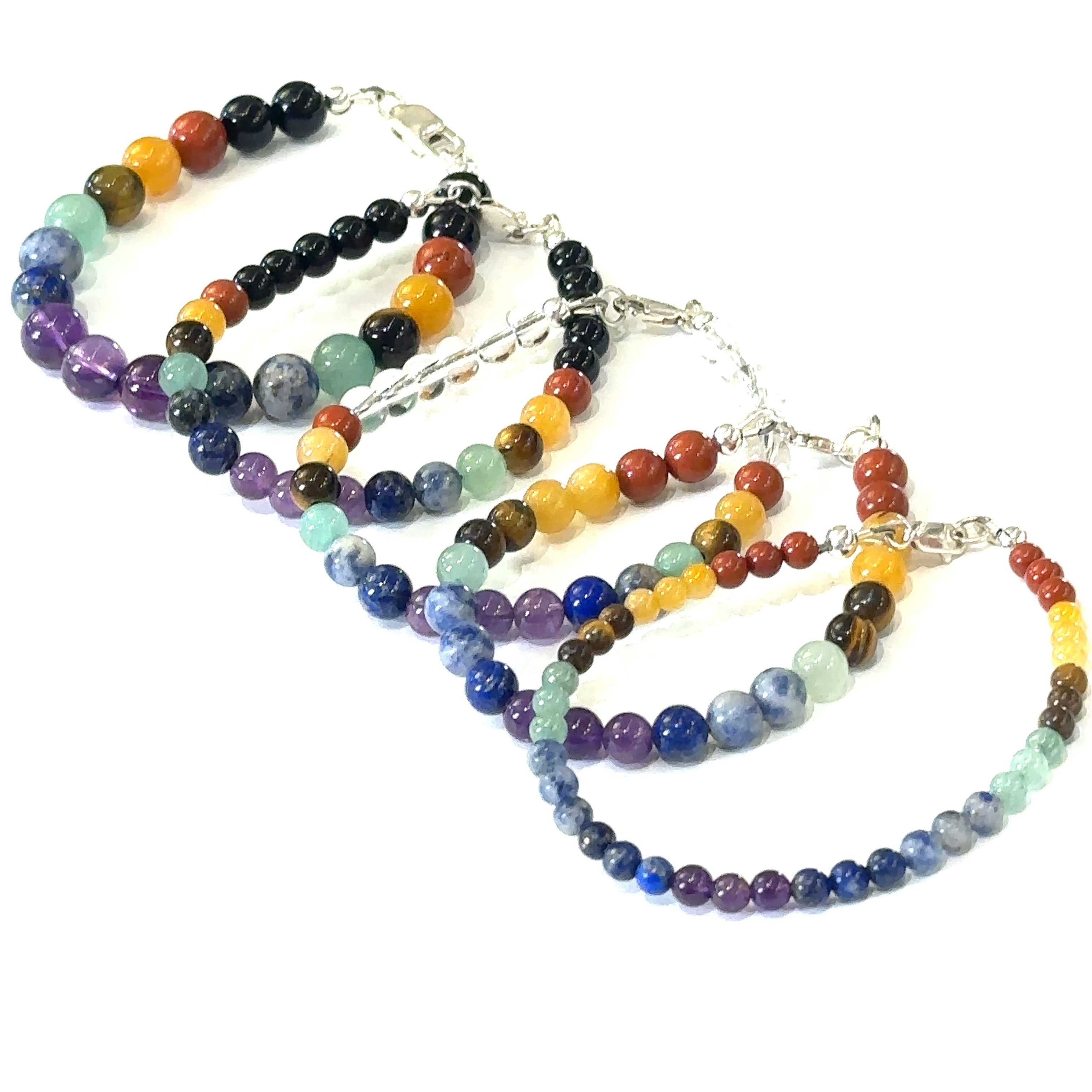 Seven Chakra gemstone bracelet featuring natural crystal beads and healing energy stones on white background left angle center view.