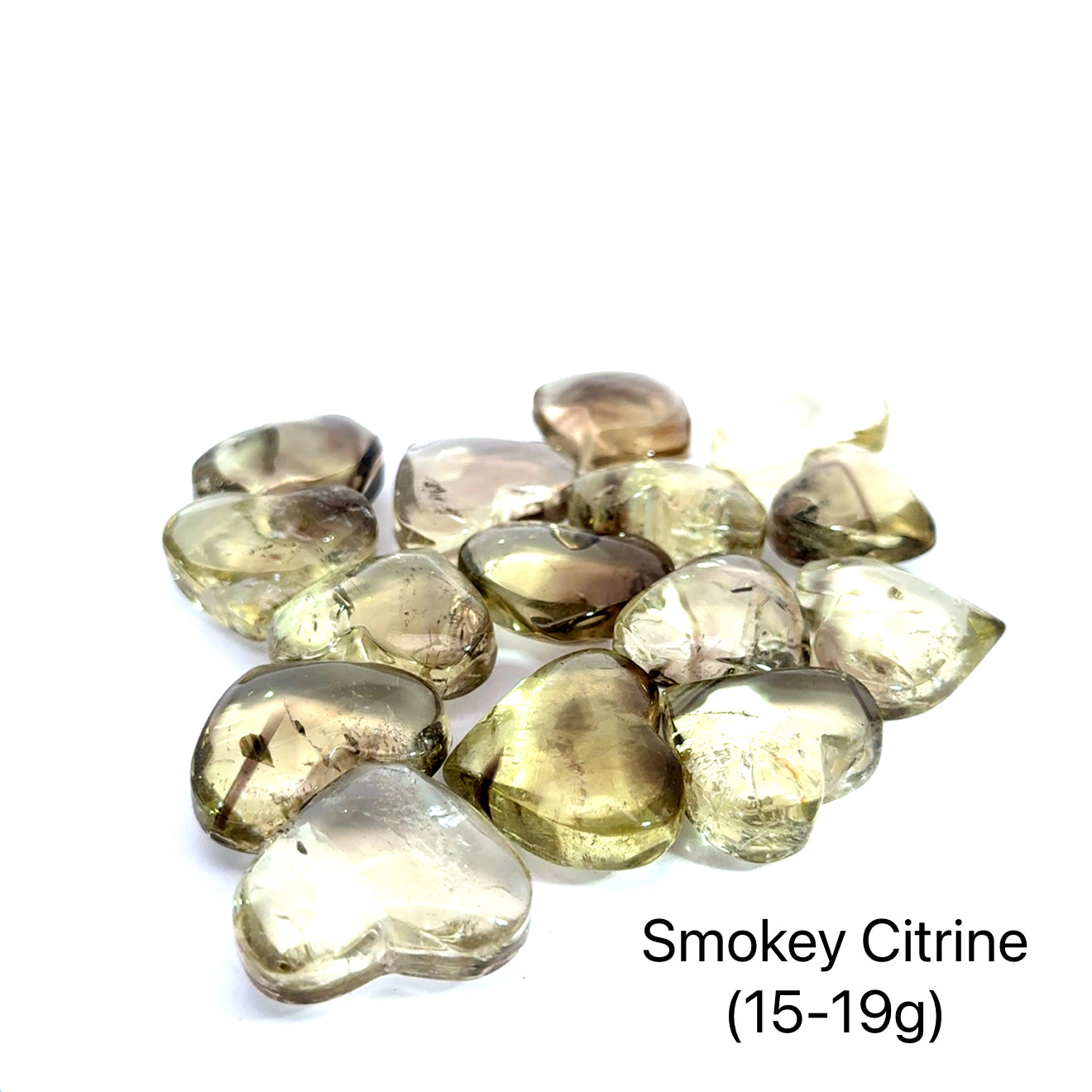 Several heart-shaped Smokey Citrine gemstones against a white background, size (15-19g), front overview.