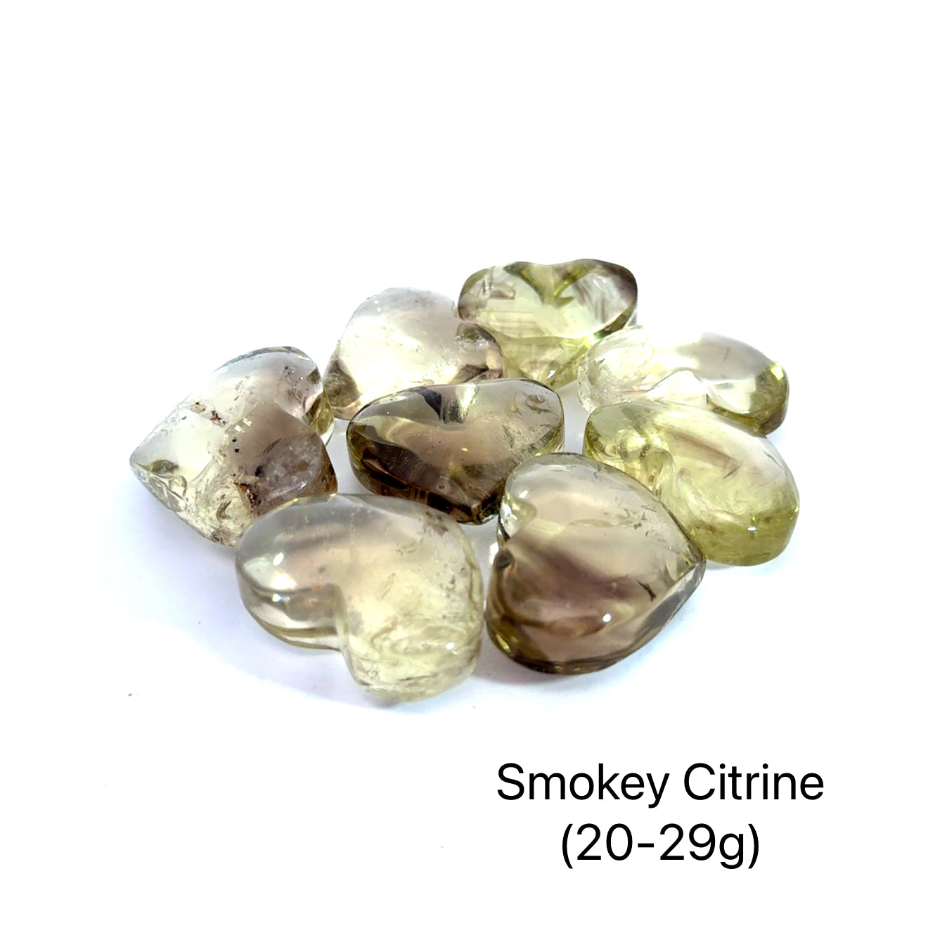 Several heart-shaped Smokey Citrine gemstones against a white background, size (20-29g), front overview.