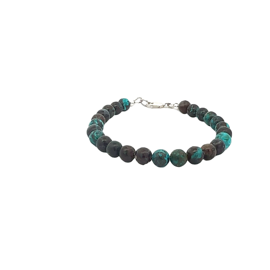 Shattuckite Gemstone Bracelet on white center, angled overview