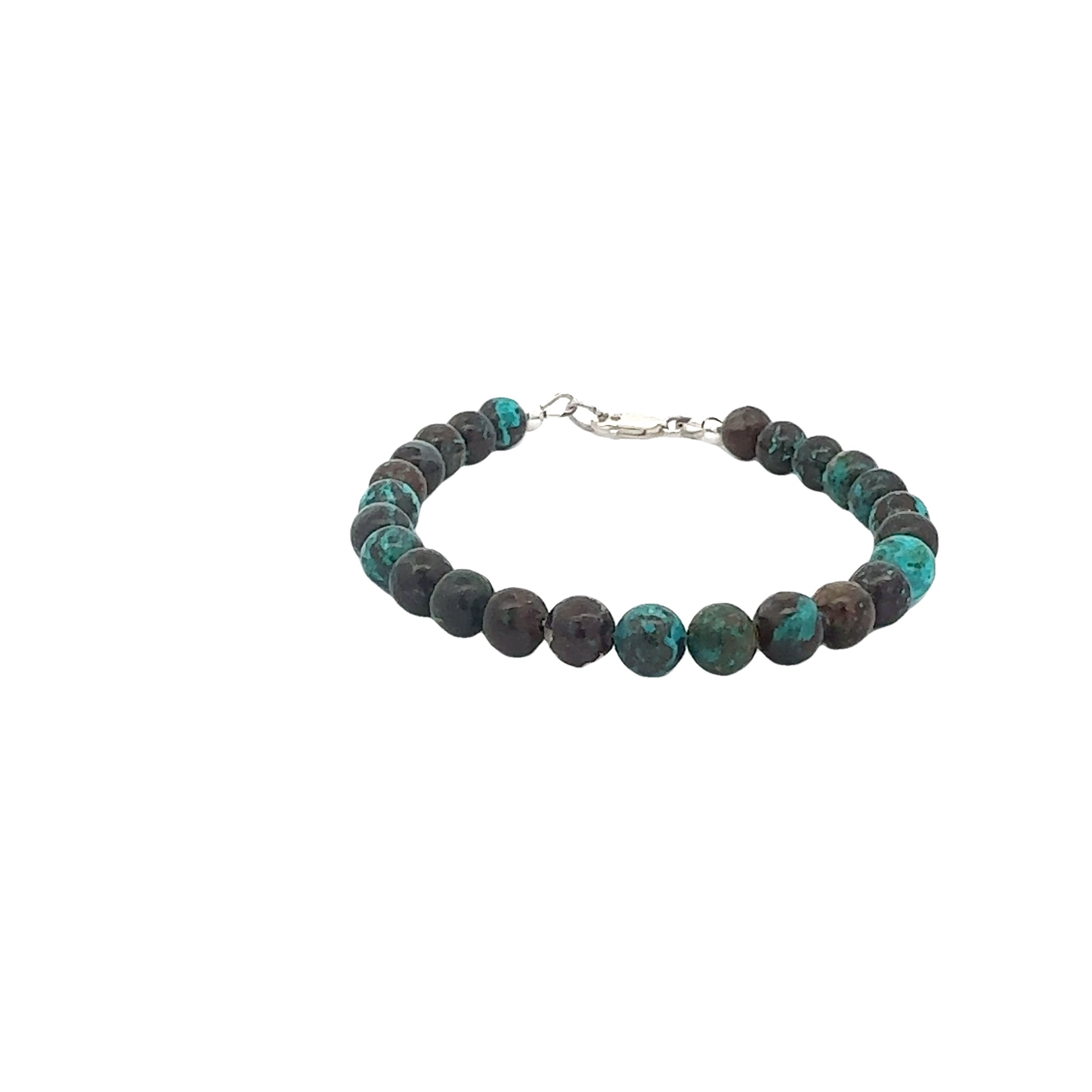 Shattuckite Gemstone Bracelet on white center, angled overview