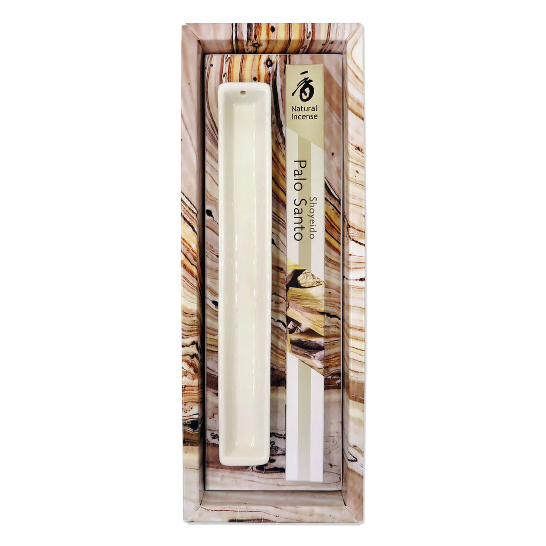 Shoyeido Natural Incense Palo Santo box set with incent holder on a white background overview.