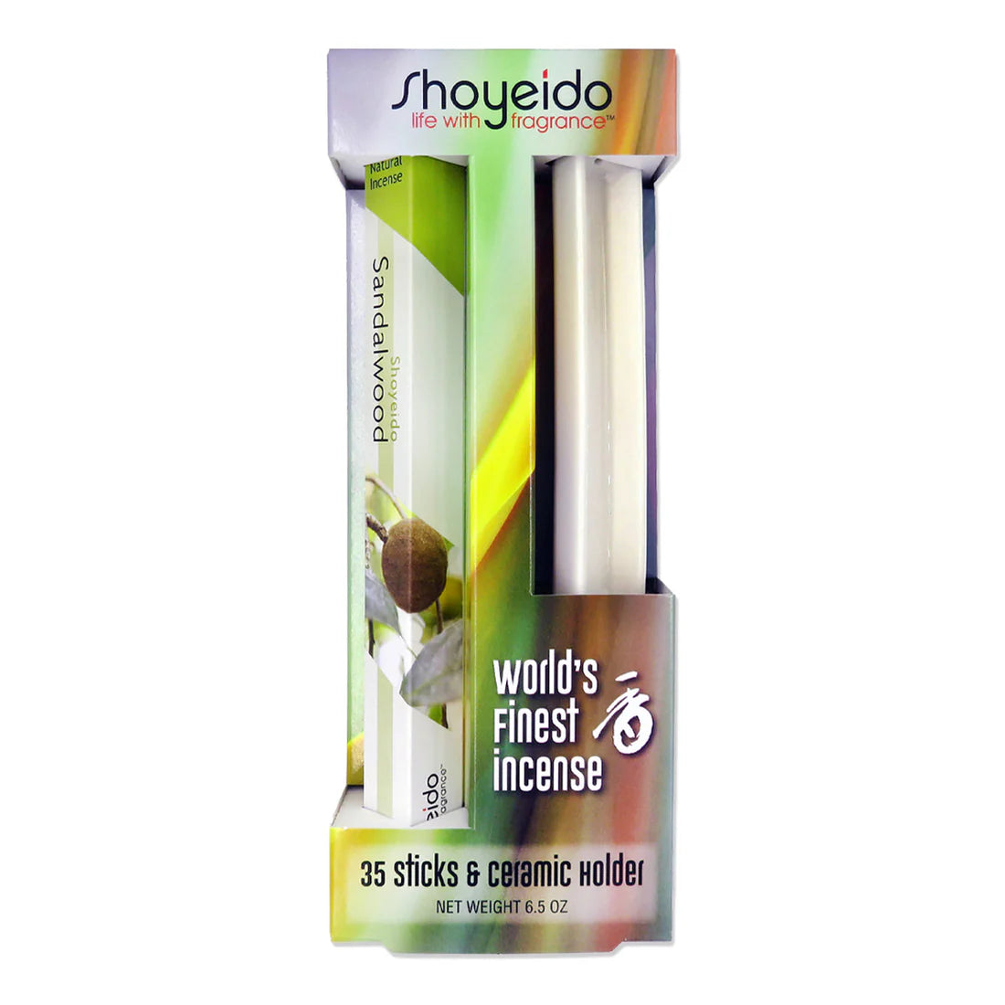 Shoyeido Natural Incense Sandalwood box set with incent holder on a white background overview.