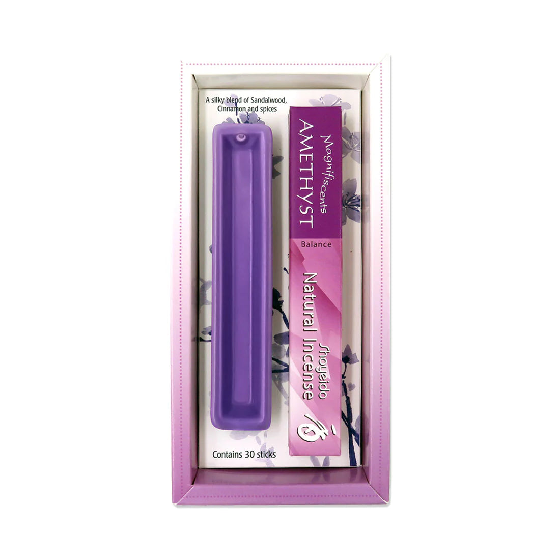 Shoyeido Natural Jewel Incense Amethyst box set with incent holder on a white background overview.