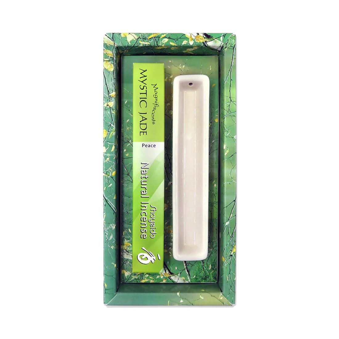 Shoyeido Natural Jewel Incense Mystic Jade box set with incent holder on a white background overview.