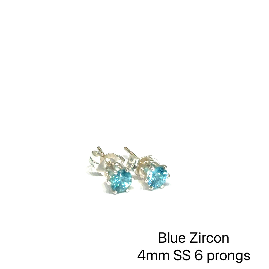 Silver earrings with blue zircon stones on a white background, front angled overview