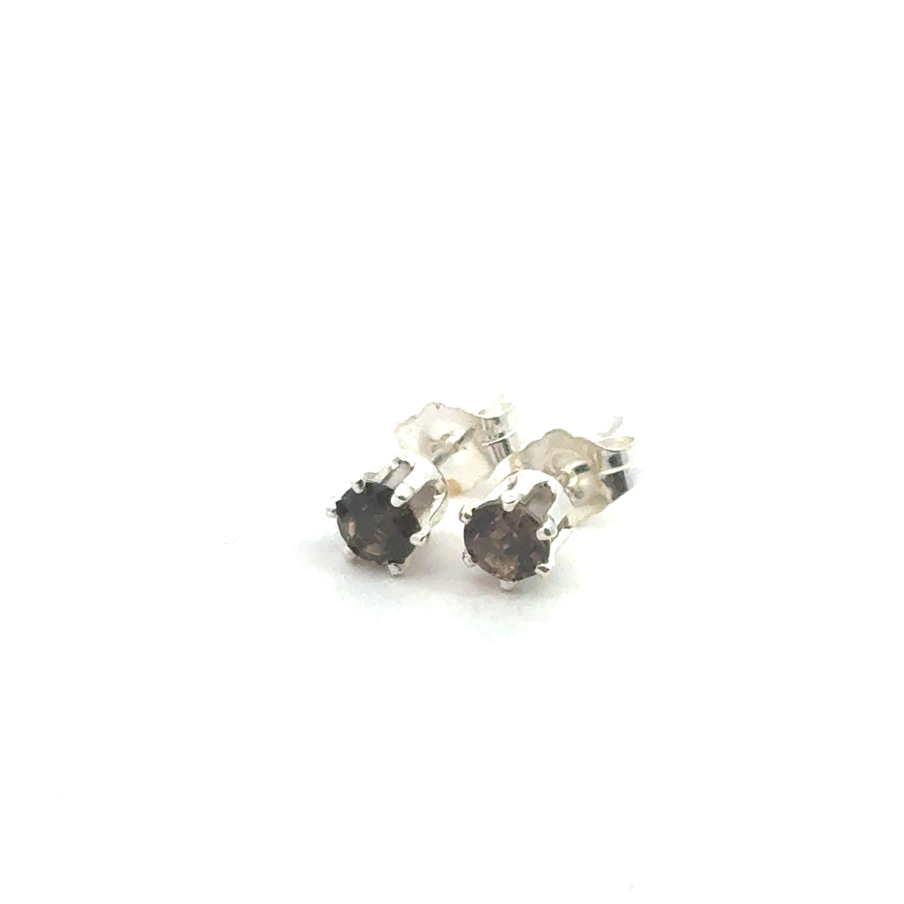 Smokey Quartz earrings with a silver setting on a white background, front, close-up overview. 