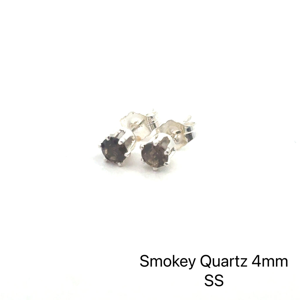 Smokey Quartz earrings with a silver setting on a white background, front facing left angle front overview. 