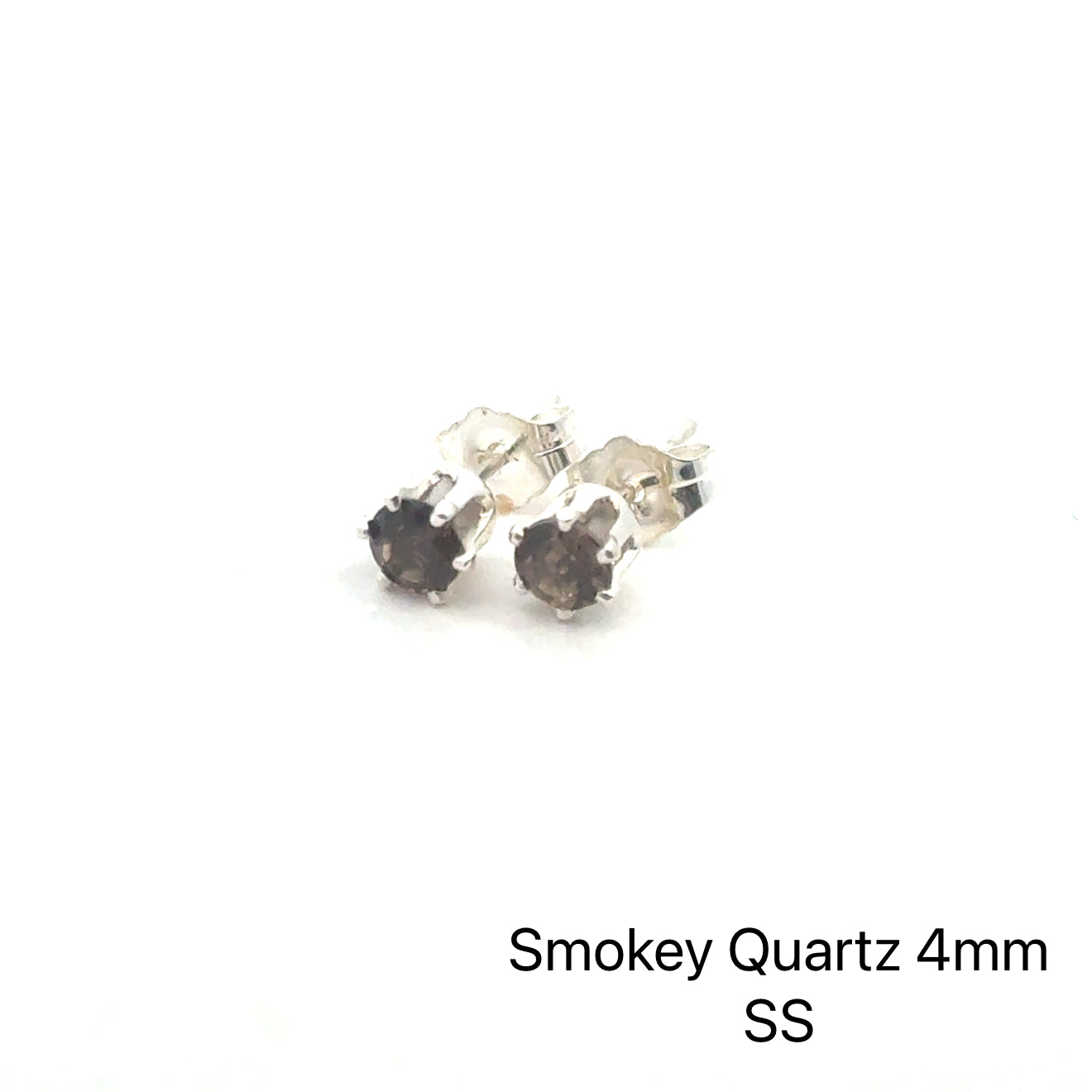 Smokey Quartz earrings with a silver setting on a white background, front facing left angle front overview. 