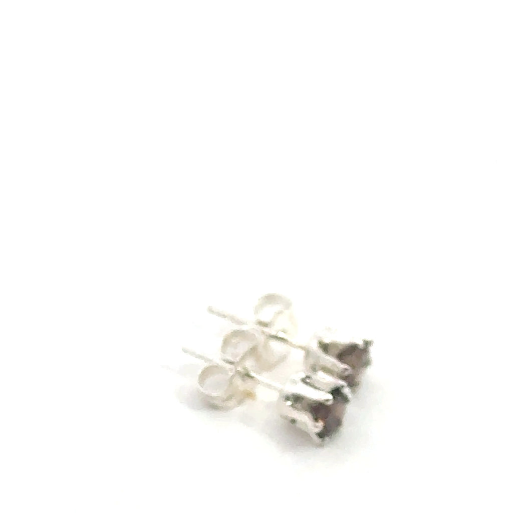 Smokey Quartz earrings with a silver setting on a white background, front facing right side front overview. 