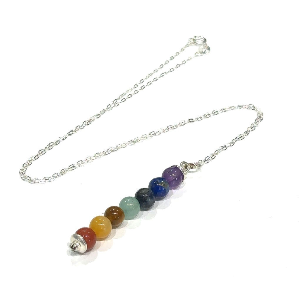 Spiritual chakra pendant necklace for meditation and mindfulness on white center overview