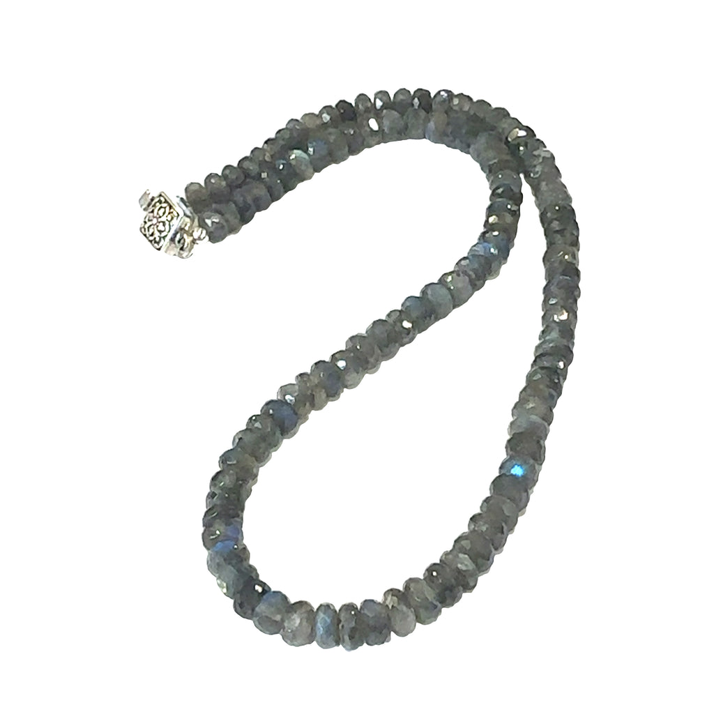 Statement Labradorite necklace with faceted roundel gemstones and sterling silver findings on white long overview