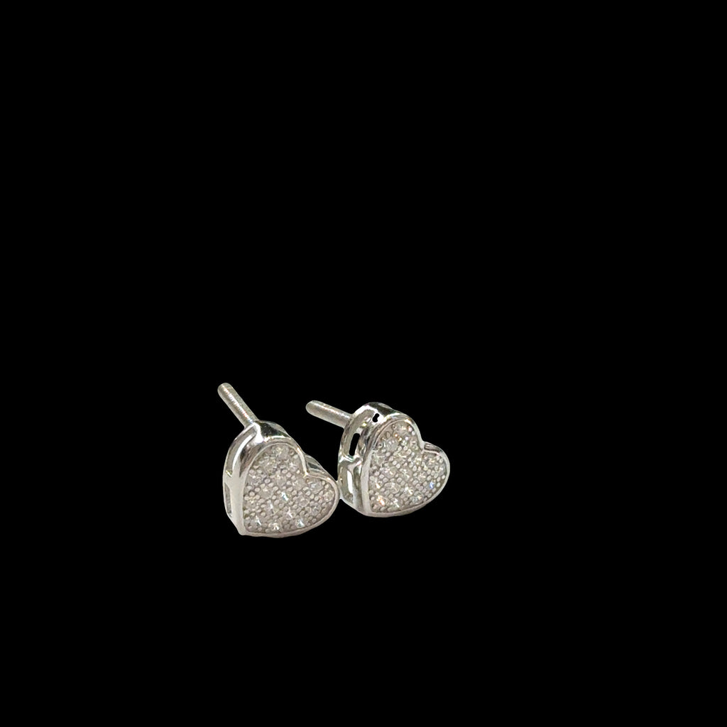 Sterling Silver heart-shaped earrings with CZ's pavé on a black background, front right angle overview