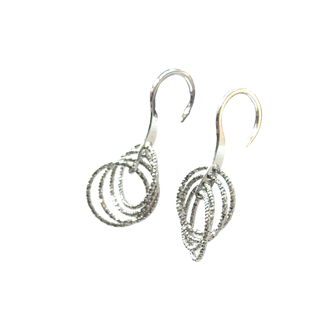Sterling silver diamond-cut circle dangle earrings with four cascading circles and fishhook on a white background, front overview. 