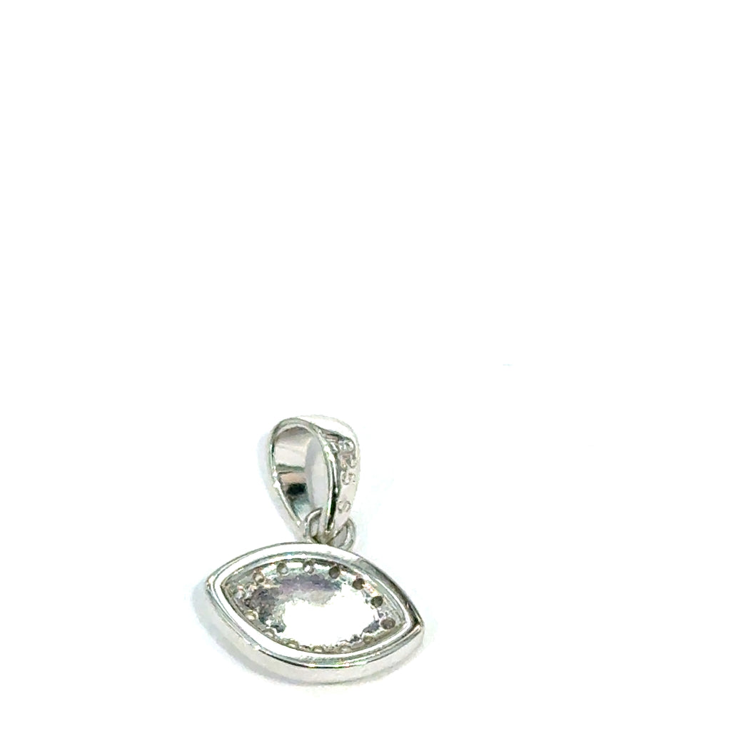 Sterling silver evil eye pendant with sparkling pavé cubic zirconia stones on a white  background , back overview.