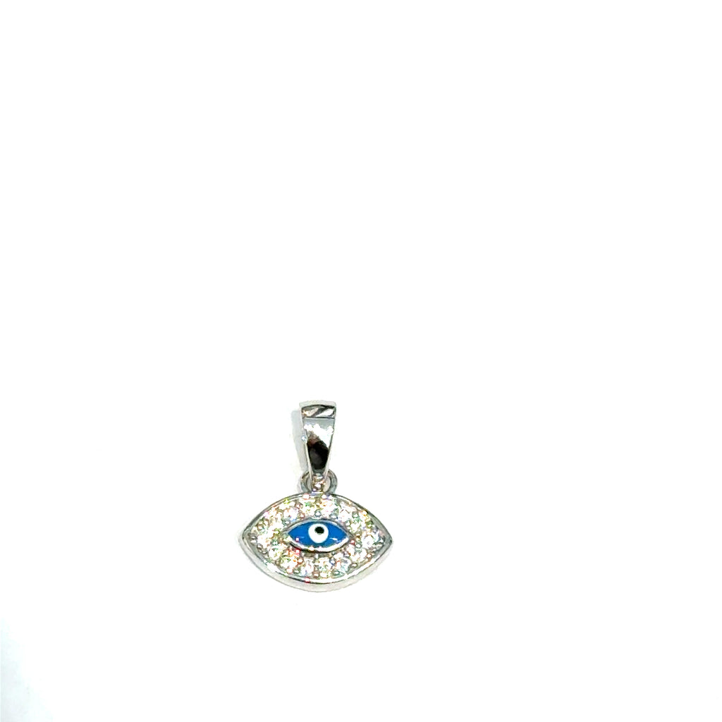Sterling silver evil eye pendant with sparkling pavé cubic zirconia stones on a white  background, front overview.