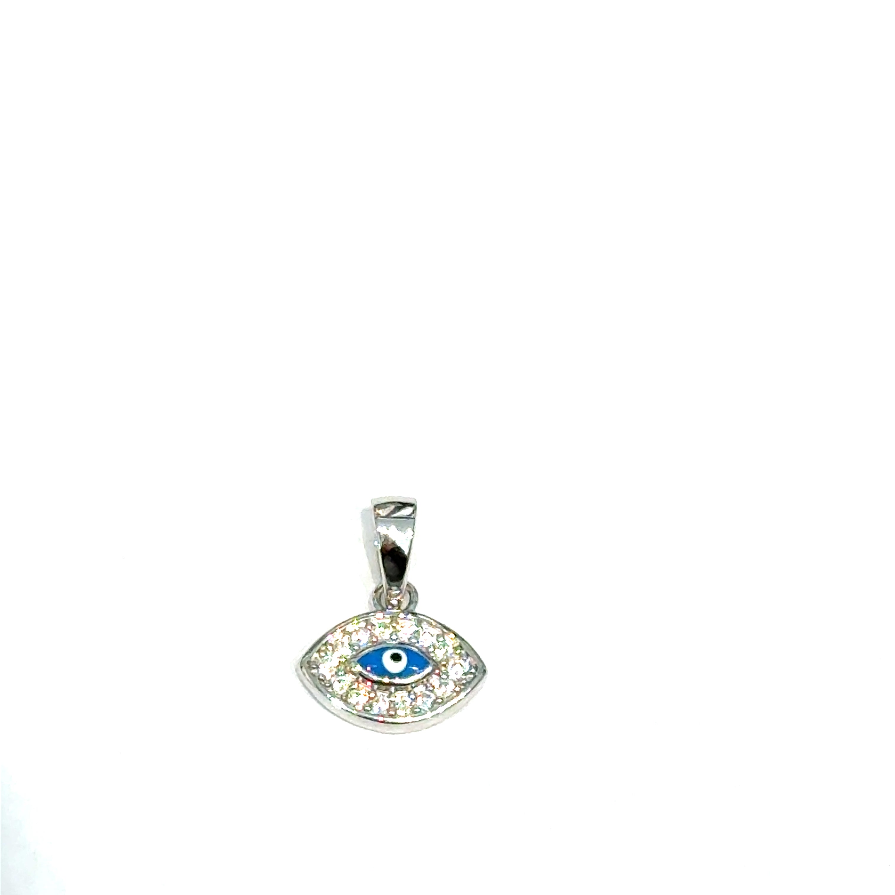 Sterling silver evil eye pendant with sparkling pavé cubic zirconia stones on a white  background, front overview.