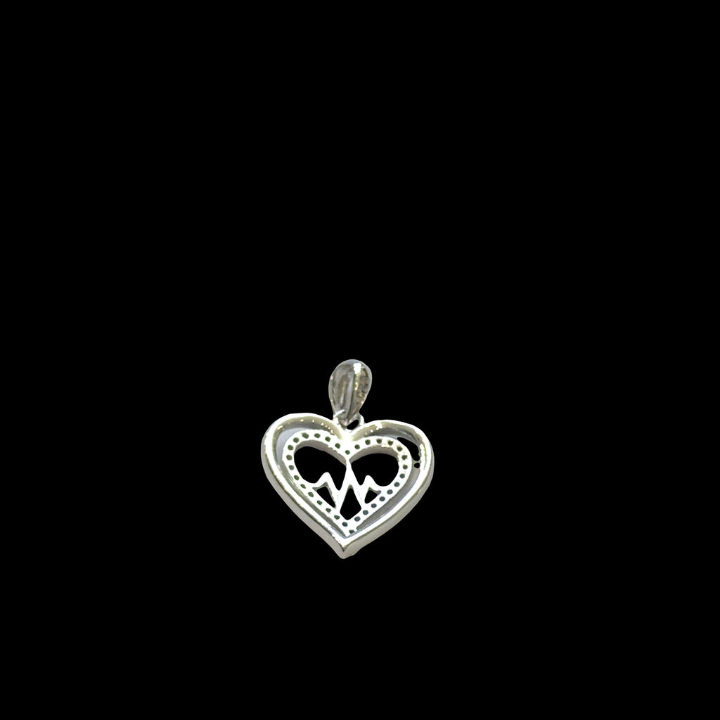 Sterling silver heartbeat pulse heart pendant with CZ accents, EKG line design, life force vitality jewelry, on a black background, back view.