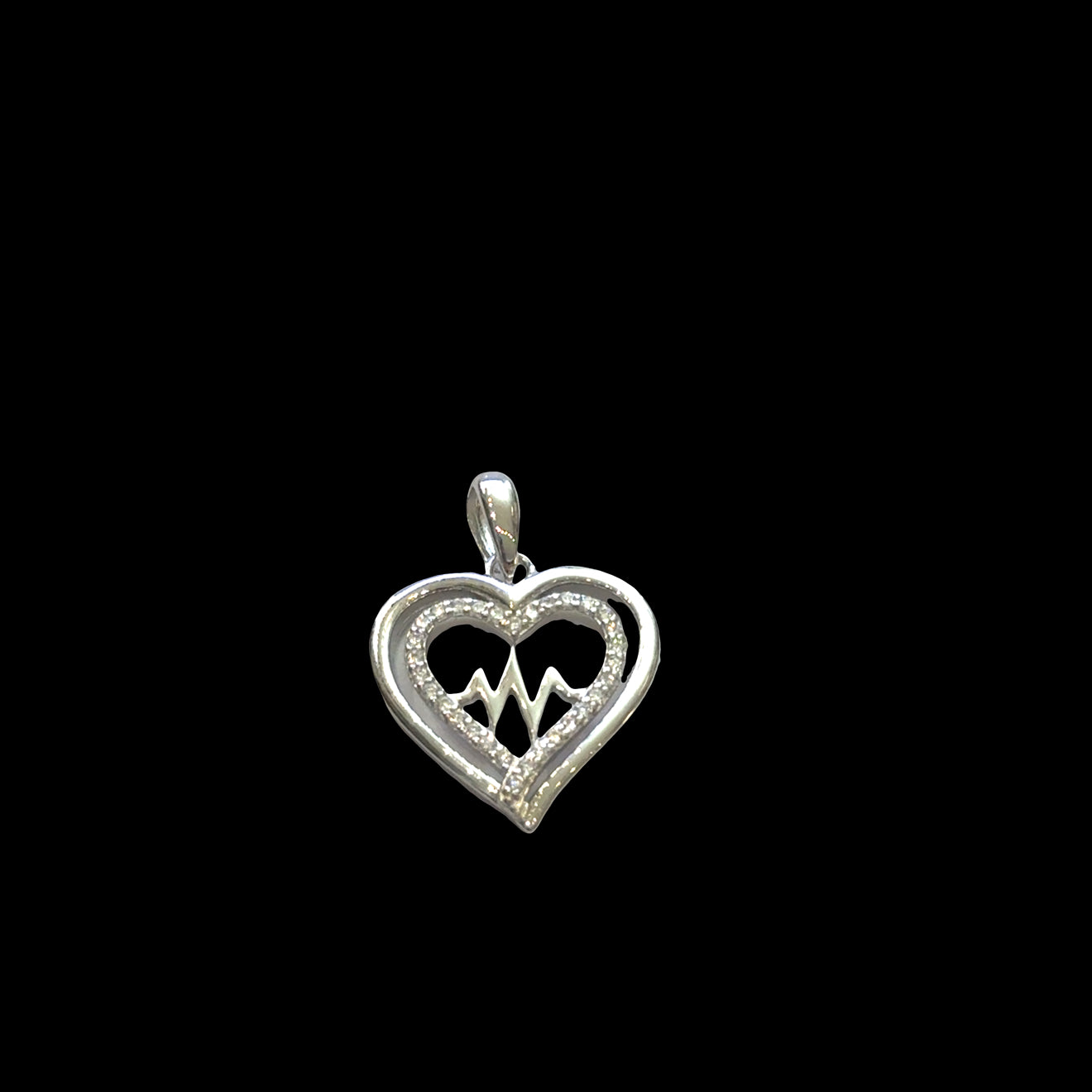 Sterling silver heartbeat pulse heart pendant with CZ accents, EKG line design, life force vitality jewelry, on a black background, front view.