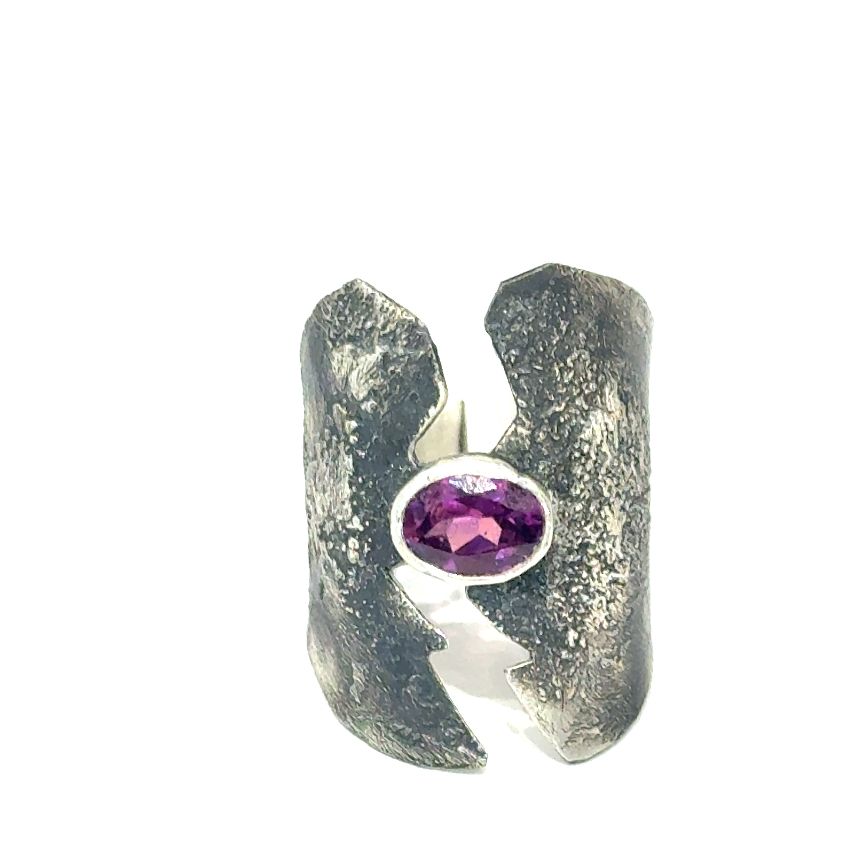 Sterling silver shield ring with almandine garnet center (size 6.5) on a white background, front, overview. 